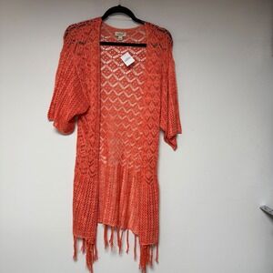 One World Crochet Fringe Kimono Cardigan Coral Orange Size M‎